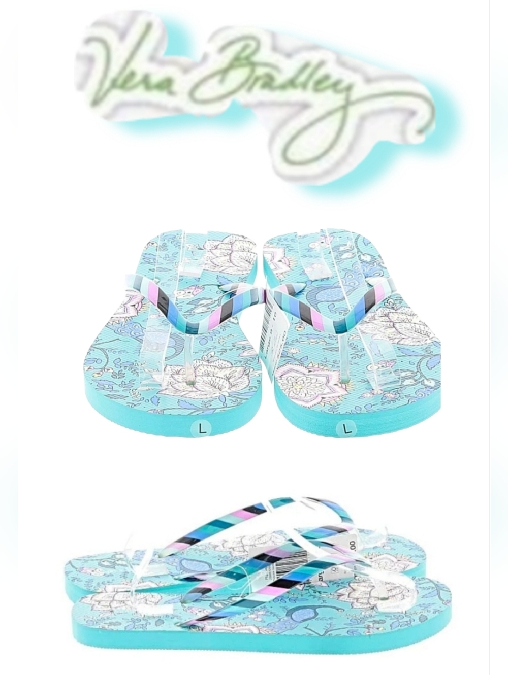 VERA BRADLEY Floral Aqua Printed Flip Flops 9/10 - Picture 2 of 6